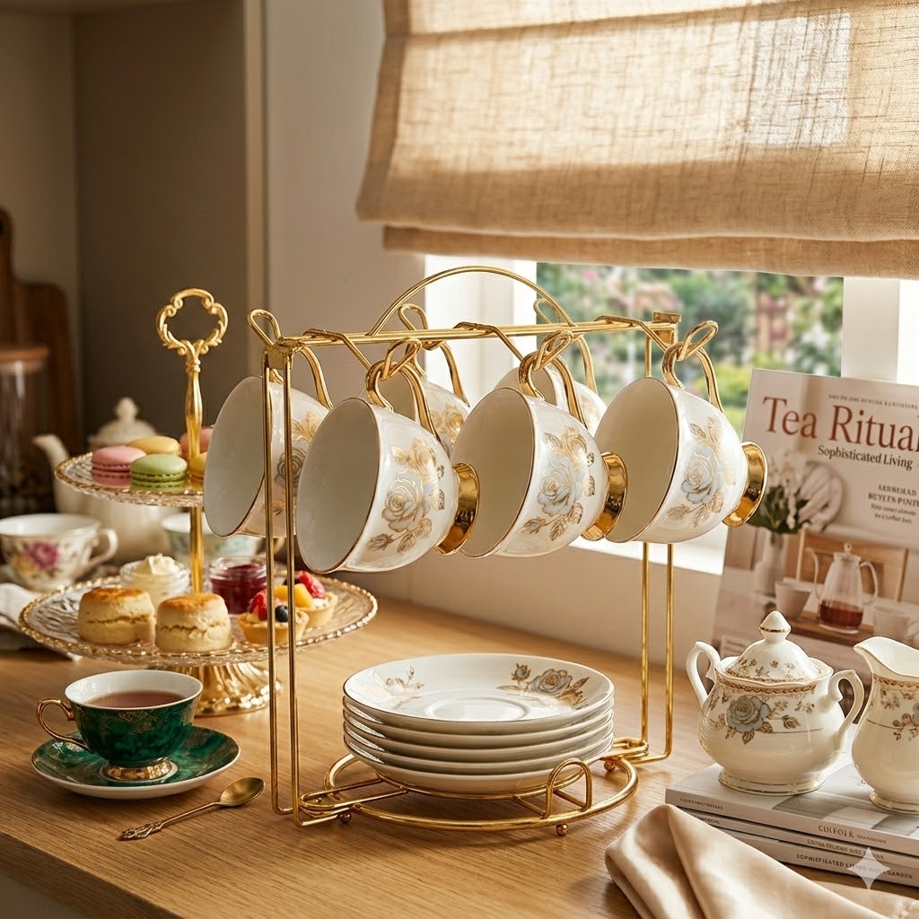 HOHIYA 2 Piece Minimalist Tea Cup and Saucer Stand Modern Gold Metal Teacup Display Rack for Fine China and Collectibles Sturdy Tabletop Easel Free Shipping